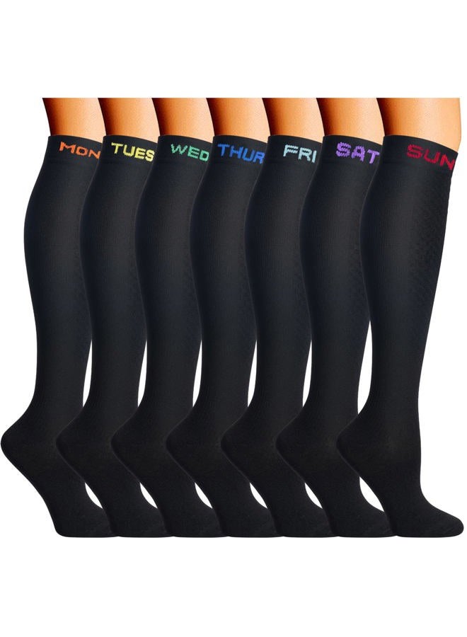 Double Couple 7 Pairs Copper Compression Socks for Men Women 20-30 mmHg Knee High Stockings, Black a, L-XL - Image 1