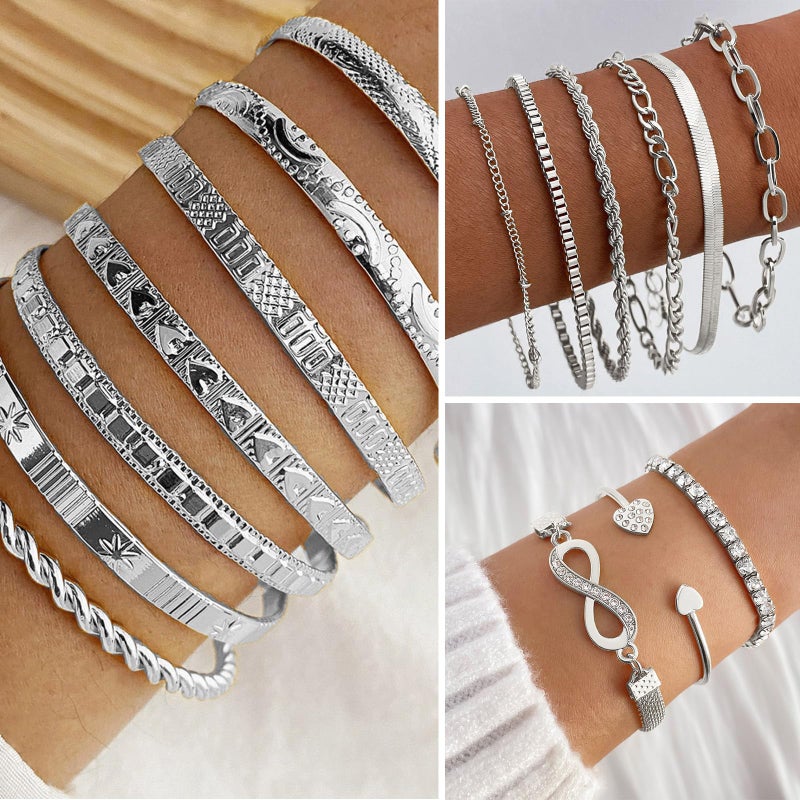 IFKM Silver Jewelry Set For Women, 14k Gold Plated Multi Layer Necklaces Bracelets Stackable Knuckle Rings Hoop Earrings set, Trendy Elegance Charms Non Tarnish Minimalist Textured Boho Jewelry Gift - Image 3