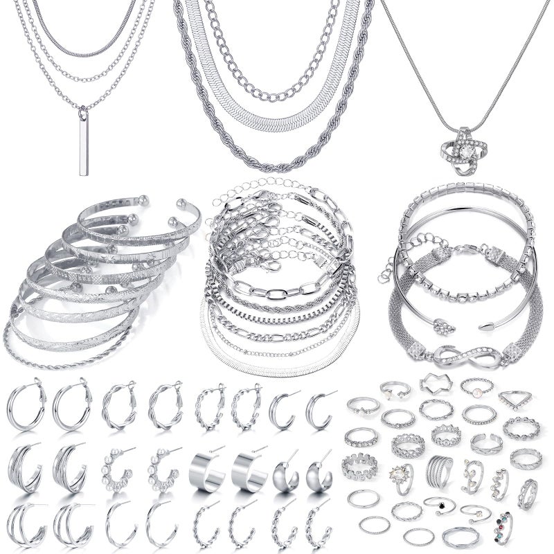 IFKM Silver Jewelry Set For Women, 14k Gold Plated Multi Layer Necklaces Bracelets Stackable Knuckle Rings Hoop Earrings set, Trendy Elegance Charms Non Tarnish Minimalist Textured Boho Jewelry Gift - Image 1