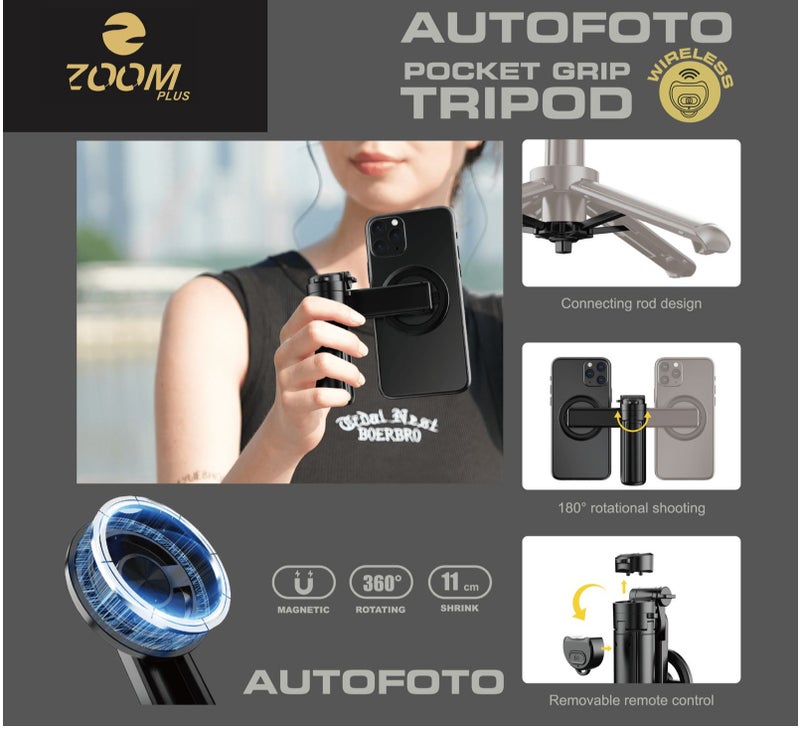ZOOM Plus AUTO FOTO Pocket Grip Tripod | Magnetic Phone Holder | Wireless Remote | 360° Rotation | Compact Handheld Tripod for Selfies & Vlogging - Image 2