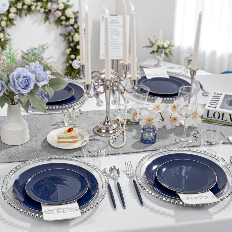 KIRE 175Pcs Blue Plastic Plates with Silver Rim & Disposable Silverware with Blue Handle & Silver-rim Cups & Hand Napkin & Plastic Dinnerware for Parties/Wedding/Passover - Image 2