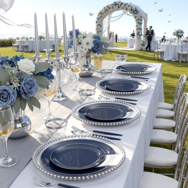 KIRE 175Pcs Blue Plastic Plates with Silver Rim & Disposable Silverware with Blue Handle & Silver-rim Cups & Hand Napkin & Plastic Dinnerware for Parties/Wedding/Passover - Image 5