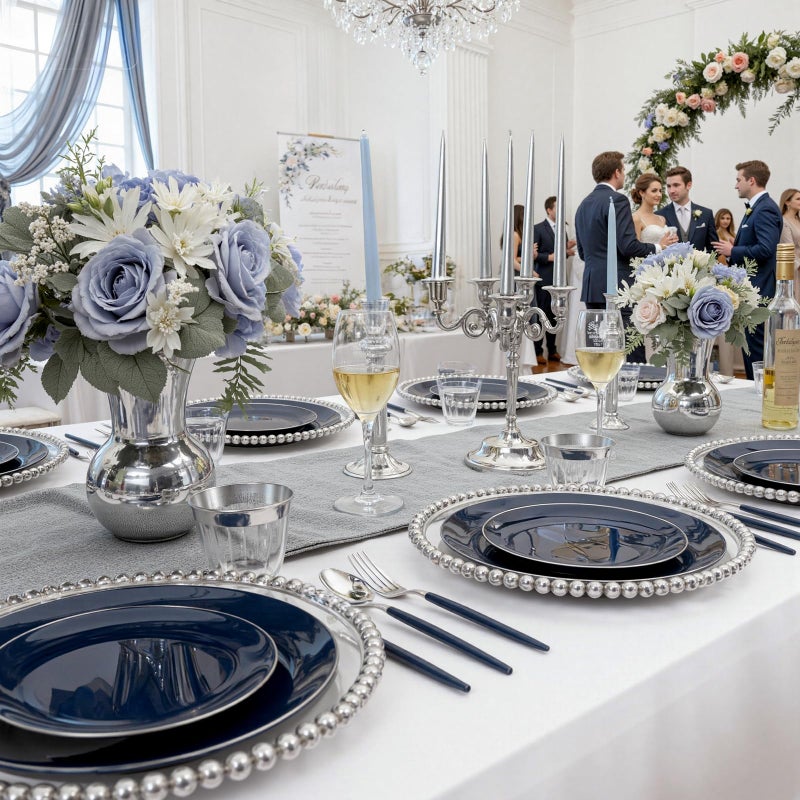 KIRE 175Pcs Blue Plastic Plates with Silver Rim & Disposable Silverware with Blue Handle & Silver-rim Cups & Hand Napkin & Plastic Dinnerware for Parties/Wedding/Passover - Image 4