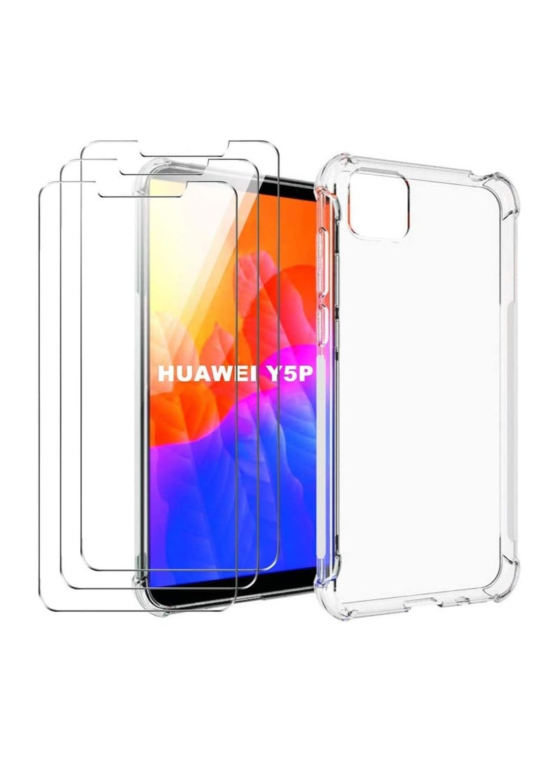 Case for Huawei Y5p 2020 + 3 Pieces Tempered Film - Crystal Clear Slim Protective Cover with Reinforced Corner Bumpers TPU Anti-scratch Case - Image 1
