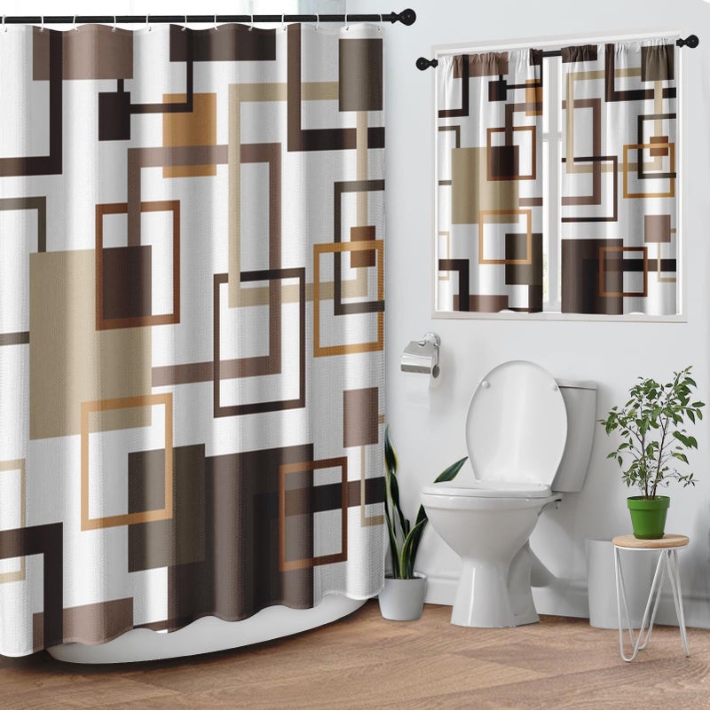 Culudea Geometric Vintage Brown Shower Curtain Set, Abstract Modern Line Bathroom Window Waterproof Shower Curtain Set for Bathroom Decor - Image 1