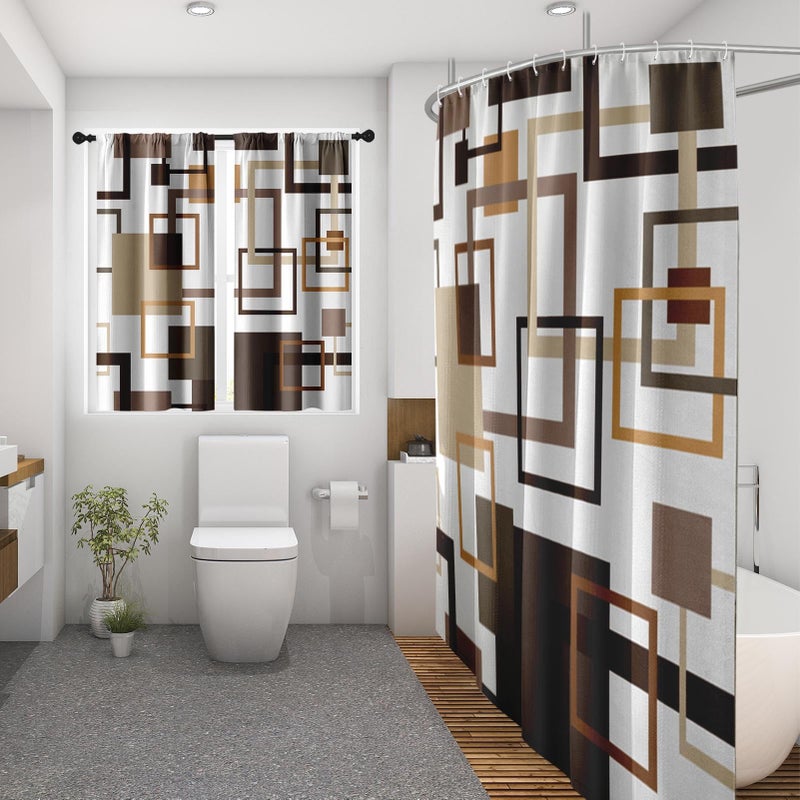 Culudea Geometric Vintage Brown Shower Curtain Set, Abstract Modern Line Bathroom Window Waterproof Shower Curtain Set for Bathroom Decor - Image 4