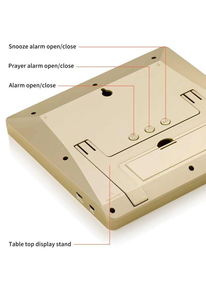 الفاتحة ساعة منبه أذان رقمية – ذهبي، تقويم مزدوج، شاشة عرض عربية، أكثر من 8 أصوات أذان، 232×214×29 مم - Image 5