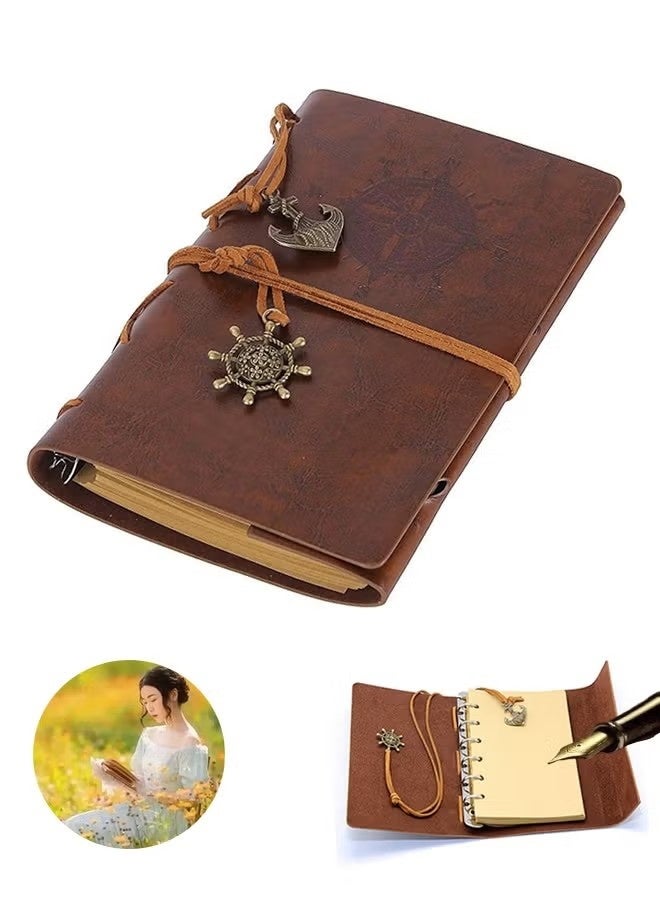 Leather Writing Journal Notebook, A7 Vintage Nautical Spiral Blank String Diary Notepad Sketchbook Travel to Write in, Unlined Paper, Retro Pendants, Classic Embossed, Coffee - Image 1