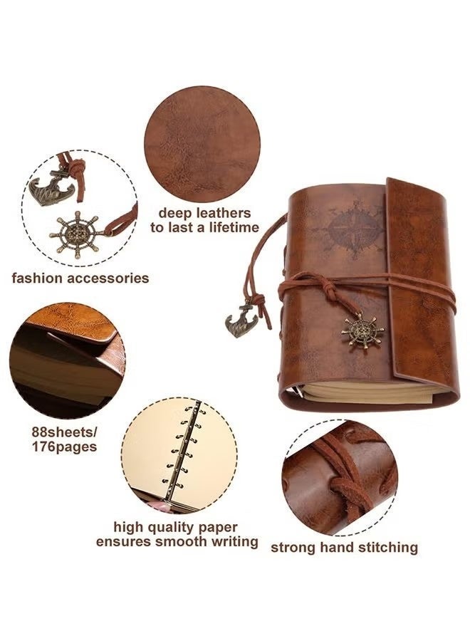 Leather Writing Journal Notebook, A7 Vintage Nautical Spiral Blank String Diary Notepad Sketchbook Travel to Write in, Unlined Paper, Retro Pendants, Classic Embossed, Coffee - Image 3
