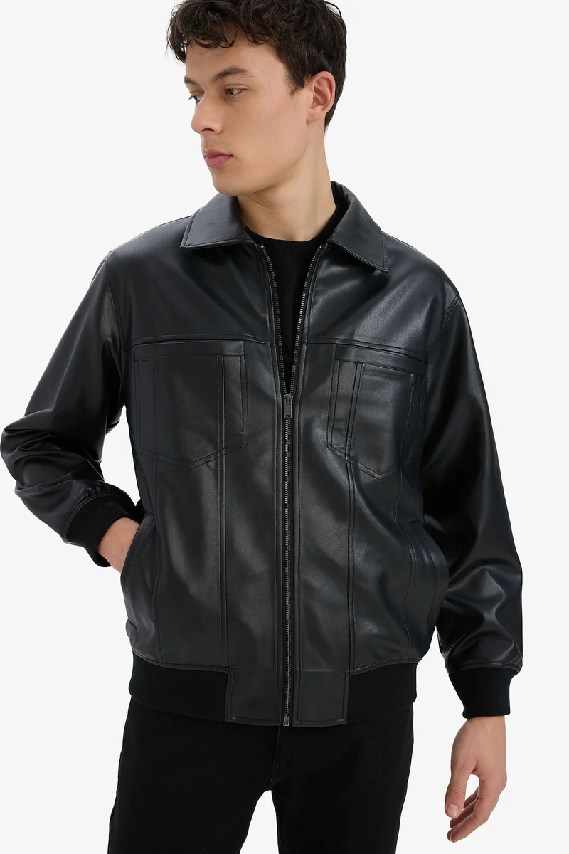 Defacto Regular Fit Shirt Collar Zippered Faux Leather Jacket
