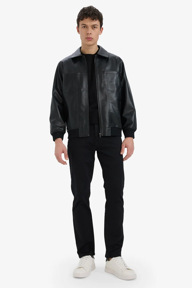 Defacto Regular Fit Shirt Collar Zippered Faux Leather Jacket