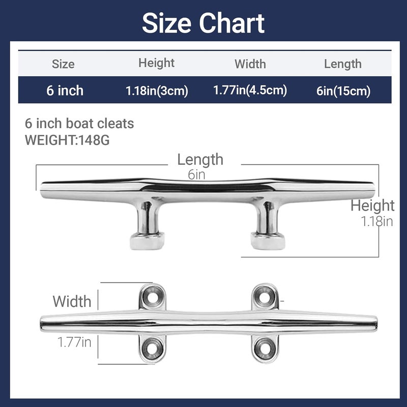 OSTARE Boat Cleats 4 inch,5 inch,6 inch,8 inch,10 inch,12 inch Marine Dock Cleats 316 Stainless Steel Rope Cleats Boat Mooring Accessories with Fasteners - Image 2