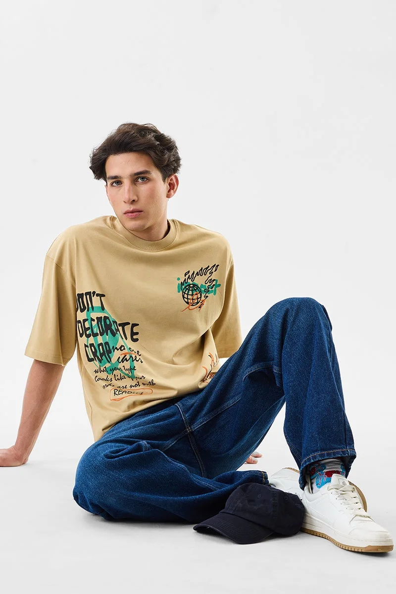 سنيتش Beige Graphic Half Sleeve Oversized Streetwear T-Shirt