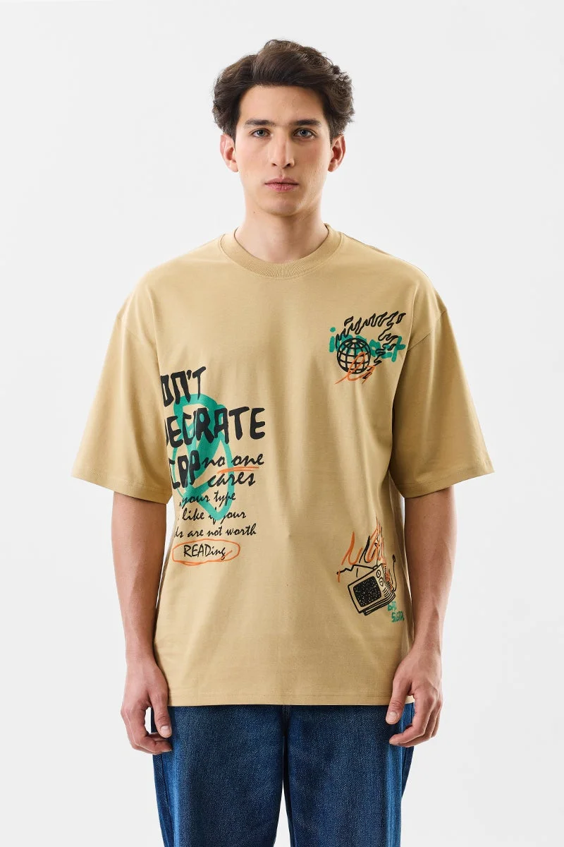 سنيتش Beige Graphic Half Sleeve Oversized Streetwear T-Shirt