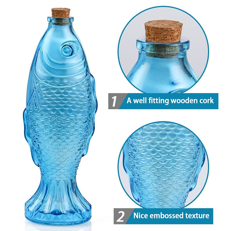 MDLUU 3-Pack Fish Shaped Glass Bottles, Decorative Bottles with Cork Stopper, Fish Decanters for Gift, Bar, Home Decor, Capacity 500ml/17.5oz (Blue) - Image 4