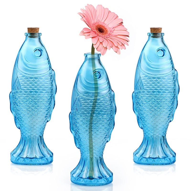 MDLUU 3-Pack Fish Shaped Glass Bottles, Decorative Bottles with Cork Stopper, Fish Decanters for Gift, Bar, Home Decor, Capacity 500ml/17.5oz (Blue) - Image 2