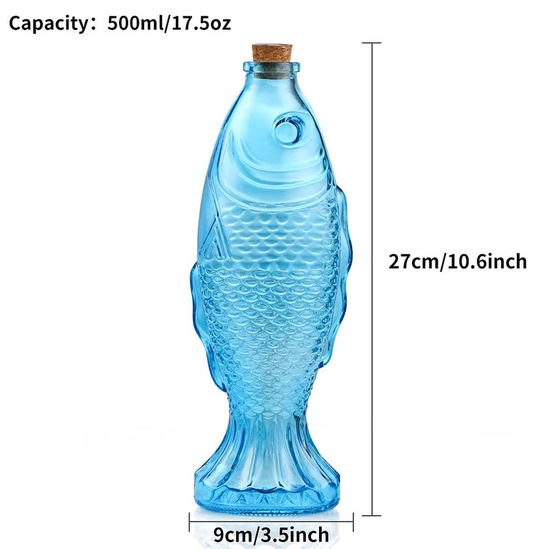 MDLUU 3-Pack Fish Shaped Glass Bottles, Decorative Bottles with Cork Stopper, Fish Decanters for Gift, Bar, Home Decor, Capacity 500ml/17.5oz (Blue) - Image 3