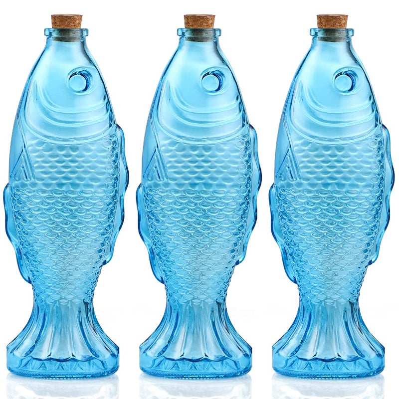 MDLUU 3-Pack Fish Shaped Glass Bottles, Decorative Bottles with Cork Stopper, Fish Decanters for Gift, Bar, Home Decor, Capacity 500ml/17.5oz (Blue) - Image 1