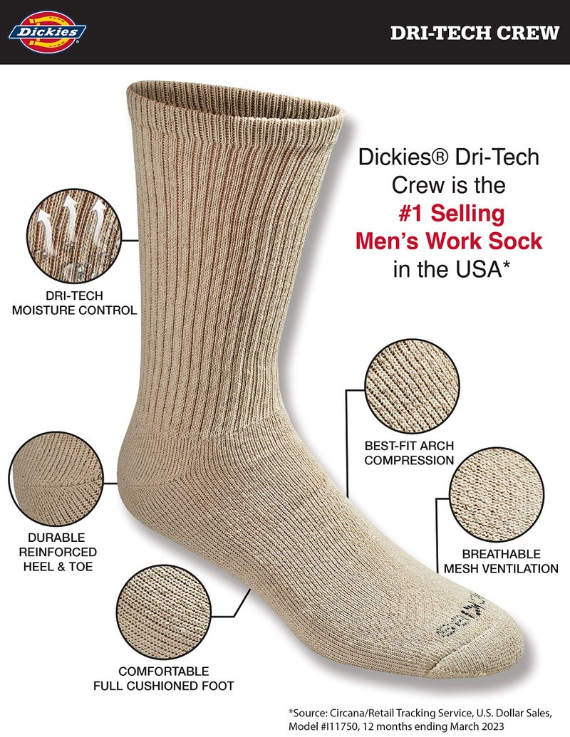 Dickies Men's Dri-Tech Essential Moisture Control Crew Socks Multipack, Essential Worker Khaki (6 Pairs), Large - Image 2