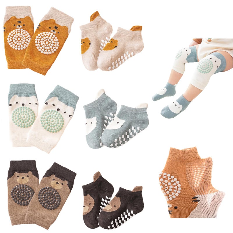 Feidoog Baby Crawling Knee Pads with Anti-Slip Elastic 3 Pairs Knee Pads and 3 Pairs Socks Set,Infant Kneepads for Crawling,Yellow+Blue+Brown,S 0-1 Year - Image 1