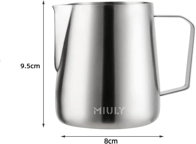 Miuly إبريق خفق الحليب الصغير من ، سعة 14 أونصة/420 مل، كوب خفق الحليب من الفولاذ المقاوم للصدأ 304 مع مقياس داخلي، ملحقات إسبريسو، إبريق خفق لآلة الإسبريسو والكابتشينو وفن اللاتيه - Image 5