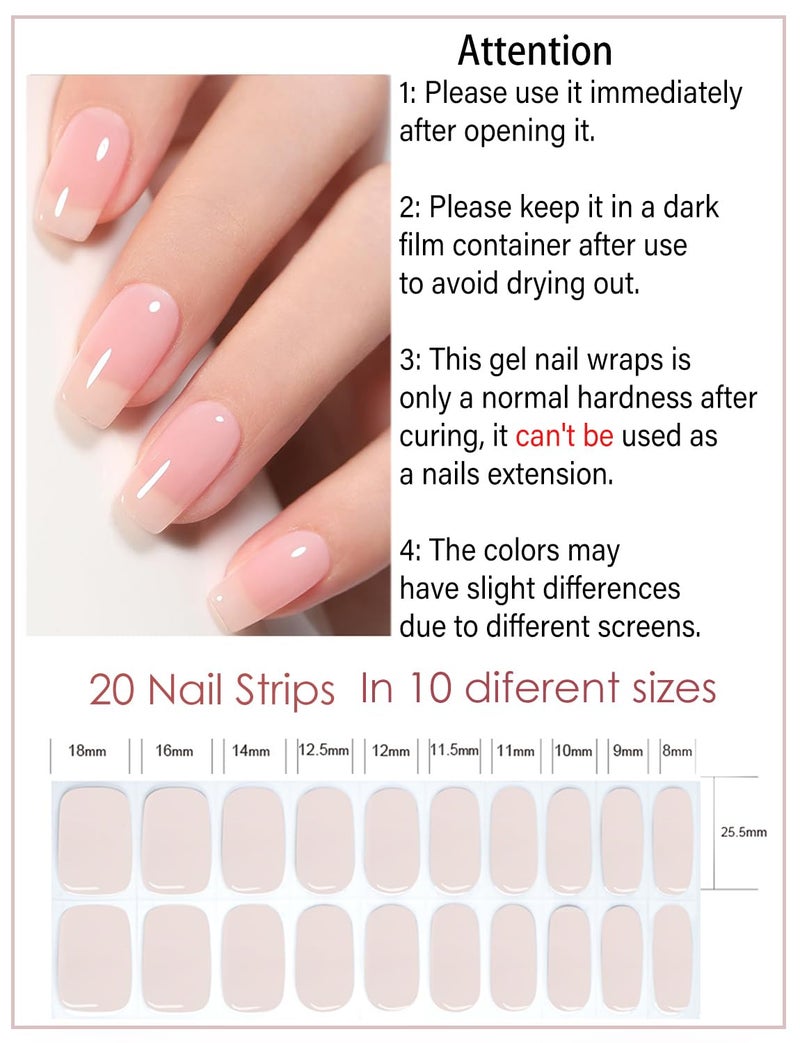 Wahrshei Semi Cured Gel Nail Strips, Natural Nails Color, Sheer Nude, Easy to Use and Remove, 20pcs Gel Nails Sticker for Home Nails DIY - Image 2