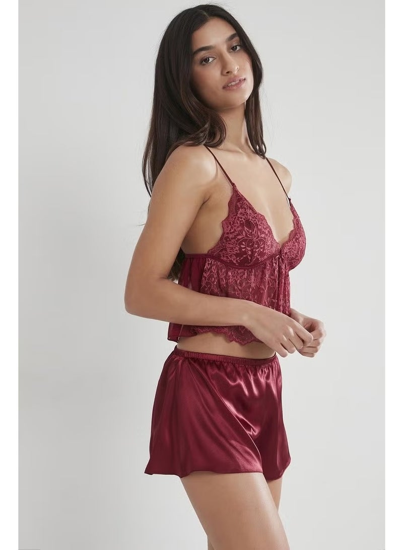 pierre cardin 450 Women's Satin Lace Pajama Shorts - Claret Red - Image 2