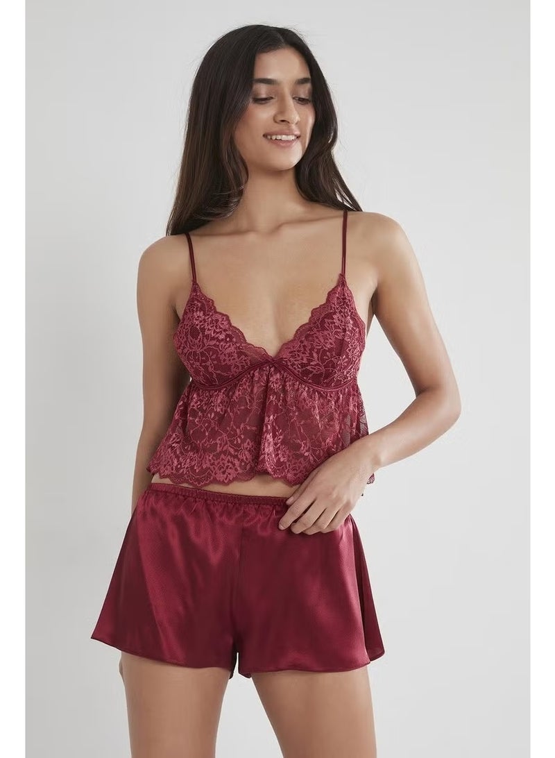 pierre cardin 450 Women's Satin Lace Pajama Shorts - Claret Red - Image 1