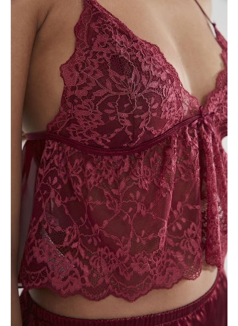 pierre cardin 450 Women's Satin Lace Pajama Shorts - Claret Red - Image 3