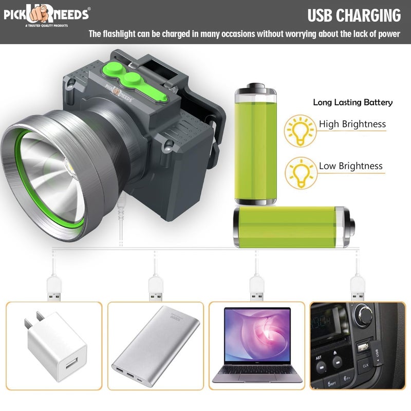 Pick Ur Needs Chargeable Head Lamp with 3 Type LED Metal Body 200W Laser 3600 mAh Long Battery 5 hrs Torch Emergency Light (Silver) - Image 2