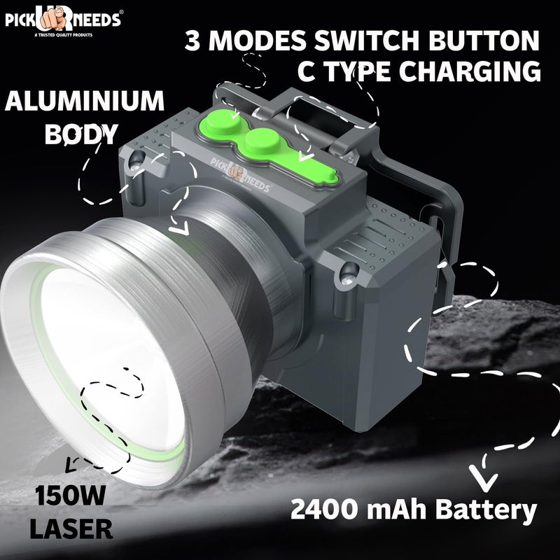 Pick Ur Needs Chargeable Head Lamp with 3 Type LED Metal Body 200W Laser 3600 mAh Long Battery 5 hrs Torch Emergency Light (Silver) - Image 5