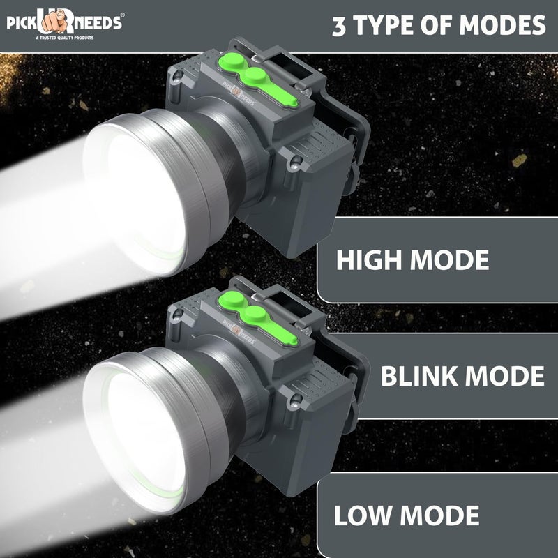 Pick Ur Needs Chargeable Head Lamp with 3 Type LED Metal Body 200W Laser 3600 mAh Long Battery 5 hrs Torch Emergency Light (Silver) - Image 4