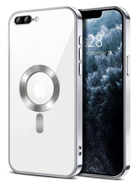 Electroplated Case for iPhone 7 Plus/iPhone 8 Plus, Camera Lens Full Protection, Compatible with MagSafe Wireless Charging, Shockproof Soft TPU Phone Magnetic Cover (Silver)
