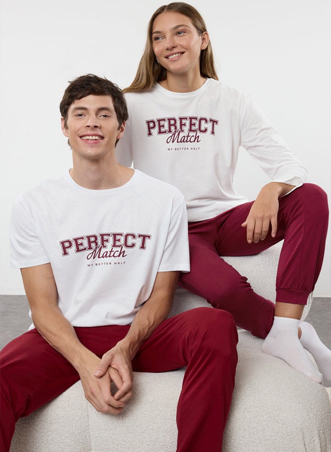 trendyol Ecru and Burgundy 100% Cotton Regular Fit Pajama Set - - Image 1