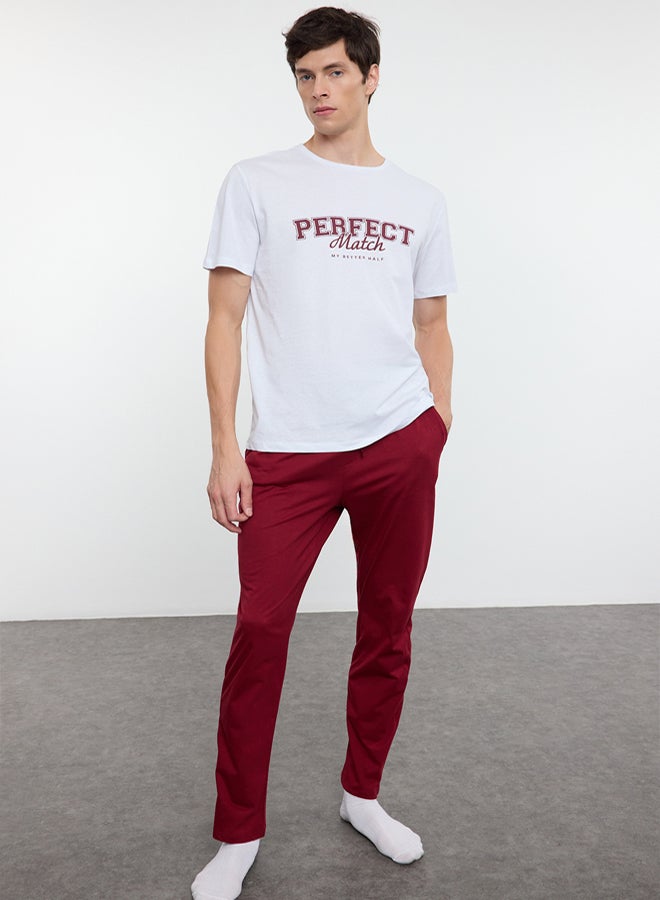 trendyol Ecru and Burgundy 100% Cotton Regular Fit Pajama Set - - Image 2