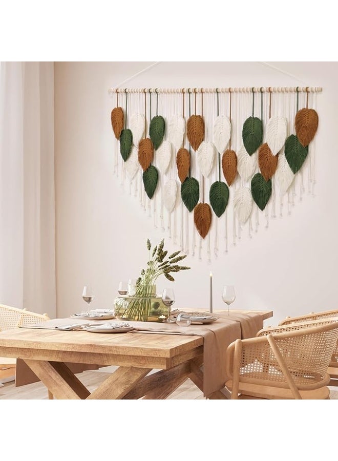 Antikiano Macrame feather Wall Hanging Boho Leaves Macrame Tapestry Wall Decor Handmade Green and beige (51.5" W x 33.5" L) - Image 4