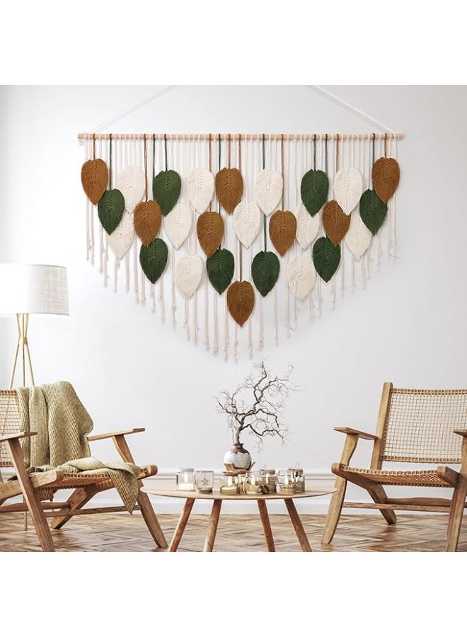 Antikiano Macrame feather Wall Hanging Boho Leaves Macrame Tapestry Wall Decor Handmade Green and beige (51.5" W x 33.5" L) - Image 3