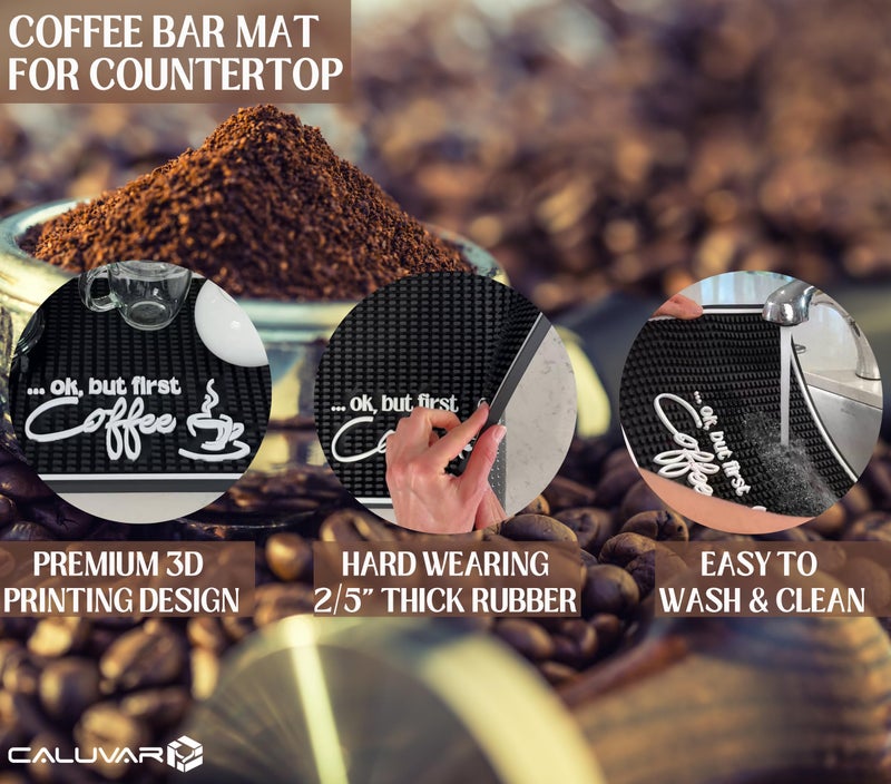 CALUVAR Ok But First Coffee Sign Rubber Bar Mat for Countertop, 18x12 Coffee Bar Mat, Coffee Bar Sign Counter Mat, Barista Station Mat, Cocktail Rubber Mat - Image 2