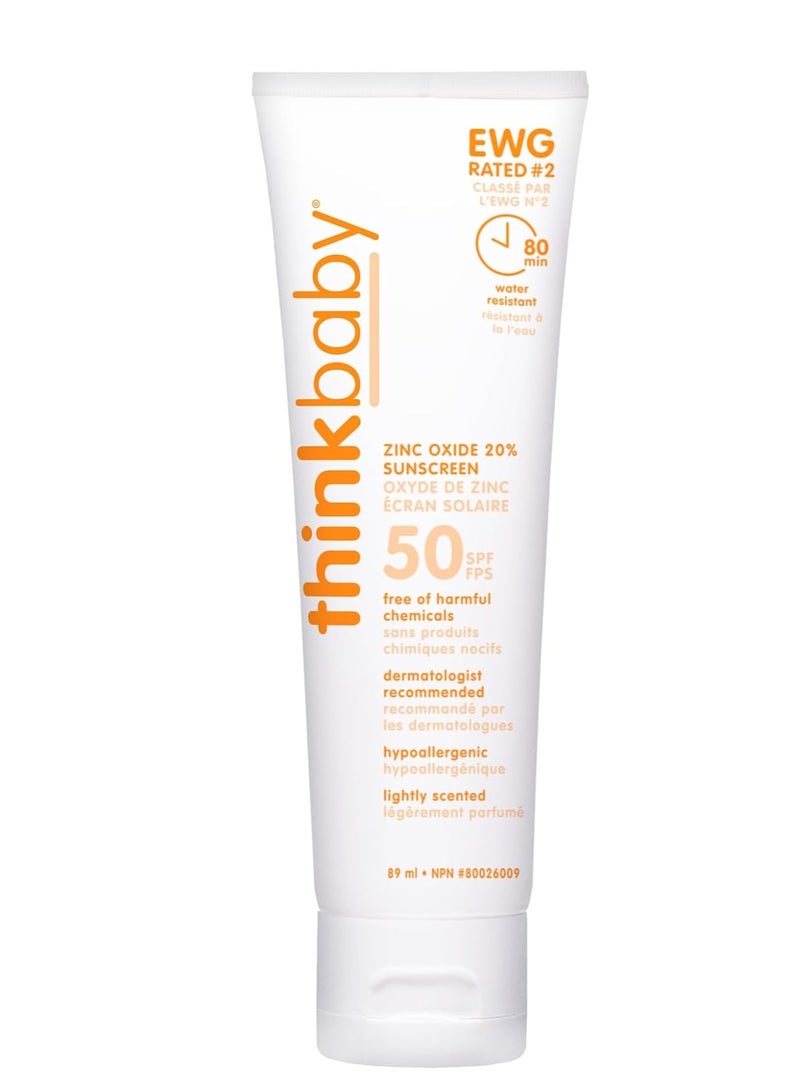 Thinkbaby SPF 50+ Baby Mineral Sunscreen – Safe, Natural Sunblock for Babies - Water Resistant Sun Cream – Broad Spectrum UVA/UVB Sun Protection – Vegan Baby Sunscreen Lotion, 3 Oz. - Image 1