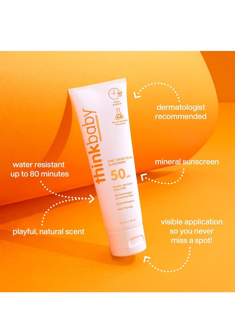 Thinkbaby SPF 50+ Baby Mineral Sunscreen – Safe, Natural Sunblock for Babies - Water Resistant Sun Cream – Broad Spectrum UVA/UVB Sun Protection – Vegan Baby Sunscreen Lotion, 3 Oz. - Image 2