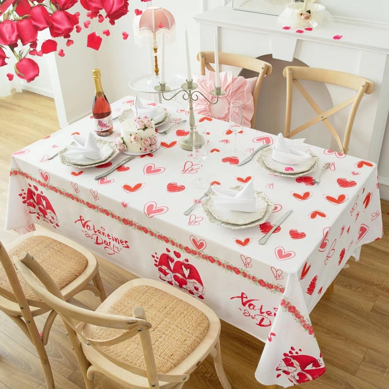 Karseteli Rectangle Valentine's Day Tablecloth, Happy Valentine's Day Gnomes with Roses Table Cloth, Washable Holiday Microfiber Table Cover for Party Picnic Dinner Decor, 60 Inch x 84 Inch - Image 2