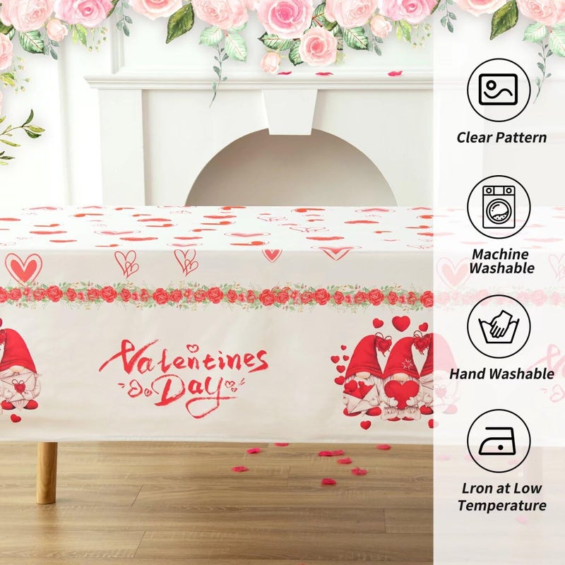 Karseteli Rectangle Valentine's Day Tablecloth, Happy Valentine's Day Gnomes with Roses Table Cloth, Washable Holiday Microfiber Table Cover for Party Picnic Dinner Decor, 60 Inch x 84 Inch - Image 4