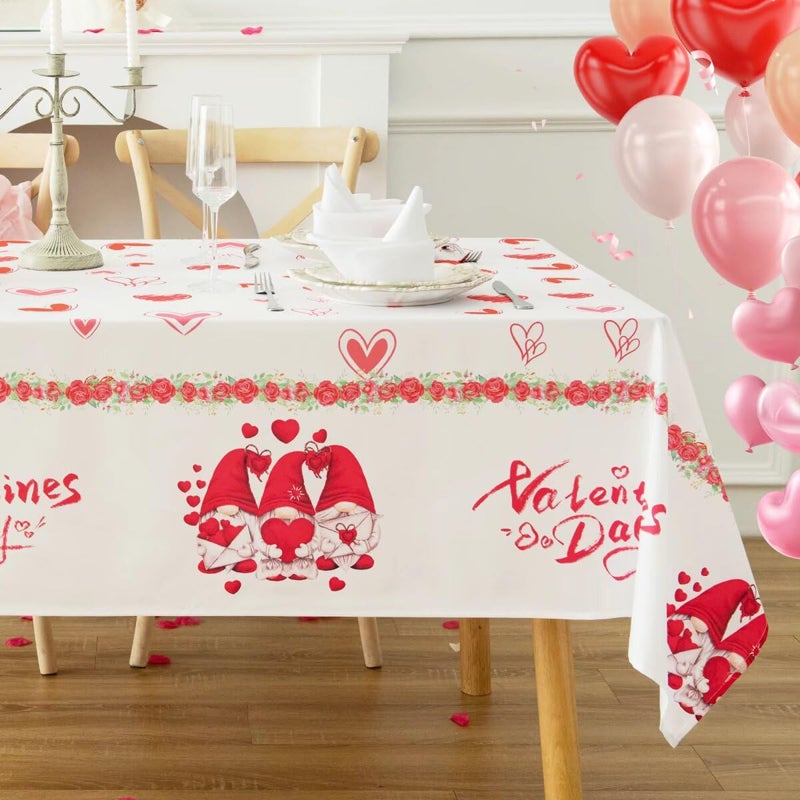 Karseteli Rectangle Valentine's Day Tablecloth, Happy Valentine's Day Gnomes with Roses Table Cloth, Washable Holiday Microfiber Table Cover for Party Picnic Dinner Decor, 60 Inch x 84 Inch - Image 1
