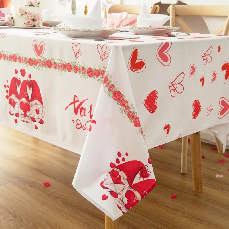 Karseteli Rectangle Valentine's Day Tablecloth, Happy Valentine's Day Gnomes with Roses Table Cloth, Washable Holiday Microfiber Table Cover for Party Picnic Dinner Decor, 60 Inch x 84 Inch - Image 5