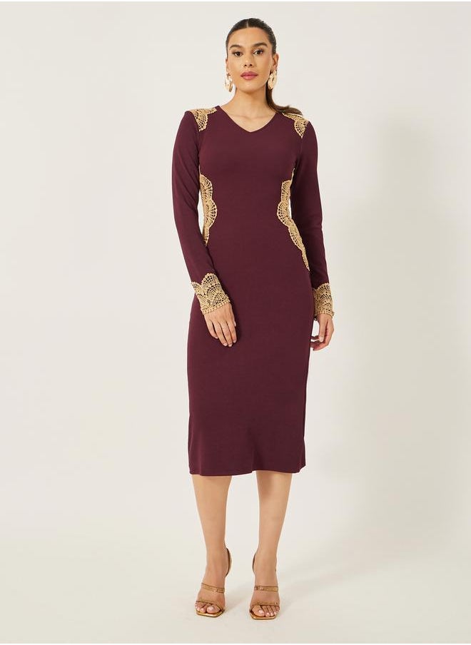 Styli Lace Detail V-Neck Bodycon Midi Dress  - Image 2