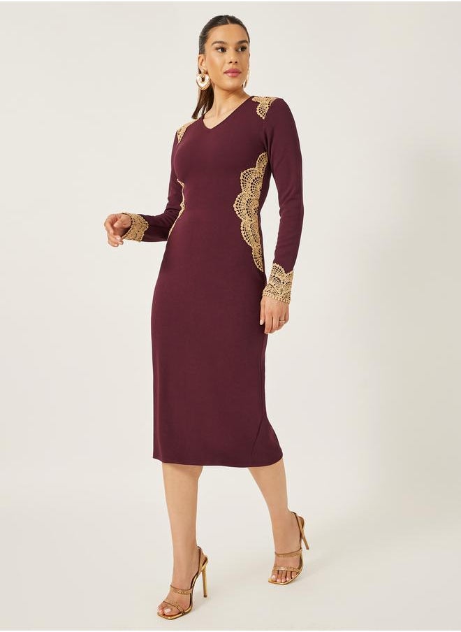 Styli Lace Detail V-Neck Bodycon Midi Dress  - Image 1