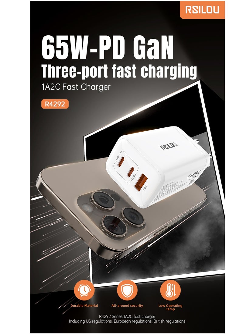 rsilou - R4292 65W 1A2C Super Fast Charger, Triple-Port with GaN Technology, 2 USB-C and 1 USB-A, a high-performance charger, Power, Speed, and Safety in One Compact Design, Supports apple and all smartphones, tablets, Bluetooth headphones, and more, MultiProtect Protection - Image 1