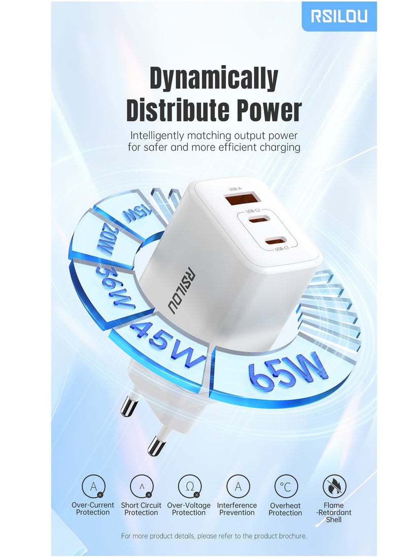 rsilou - R4292 65W 1A2C Super Fast Charger, Triple-Port with GaN Technology, 2 USB-C and 1 USB-A, a high-performance charger, Power, Speed, and Safety in One Compact Design, Supports apple and all smartphones, tablets, Bluetooth headphones, and more, MultiProtect Protection - Image 1