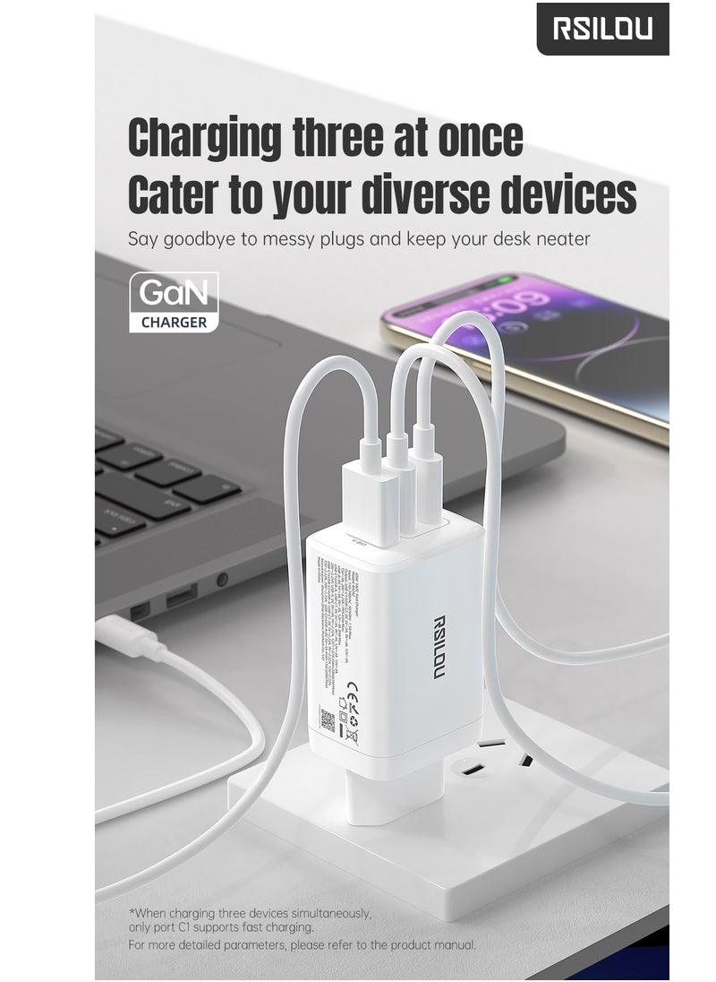 rsilou - R4292 65W 1A2C Super Fast Charger, Triple-Port with GaN Technology, 2 USB-C and 1 USB-A, a high-performance charger, Power, Speed, and Safety in One Compact Design, Supports apple and all smartphones, tablets, Bluetooth headphones, and more, MultiProtect Protection - Image 1