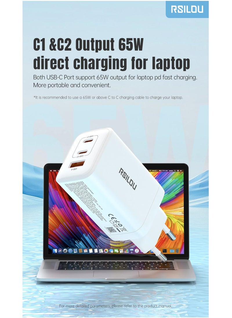 rsilou - R4292 65W 1A2C Super Fast Charger, Triple-Port with GaN Technology, 2 USB-C and 1 USB-A, a high-performance charger, Power, Speed, and Safety in One Compact Design, Supports apple and all smartphones, tablets, Bluetooth headphones, and more, MultiProtect Protection - Image 1